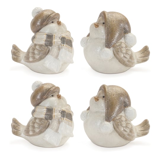 Glittered Winter Bird with Hat Figurines Set